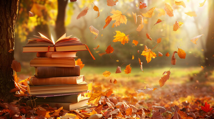 stack of books under a tree with falling autumn leaves 