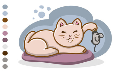 A cute cat plays with a mouse in cartoon vector graphics style on a transparent isolated clipart background in vector format, perfect for design and kids' projects.