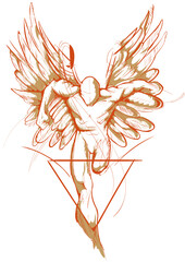 Illustration of a running guy with wings in tattoo line graphic style, designed in cartoon vector graphics on a transparent isolated clipart background in vector format