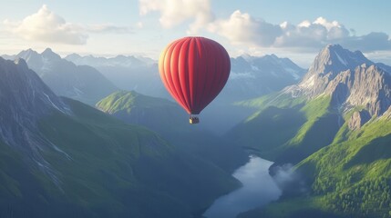Fototapeta premium Scenic View of Red Hot Air Balloon above Majestic Mountain Landscape