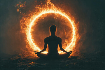 Woman meditates in lotus position, surrounded by a fiery ring, symbolizing inner strength and transformation.