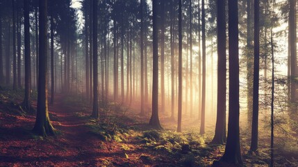 Obraz premium Sunlit forest path, misty morning