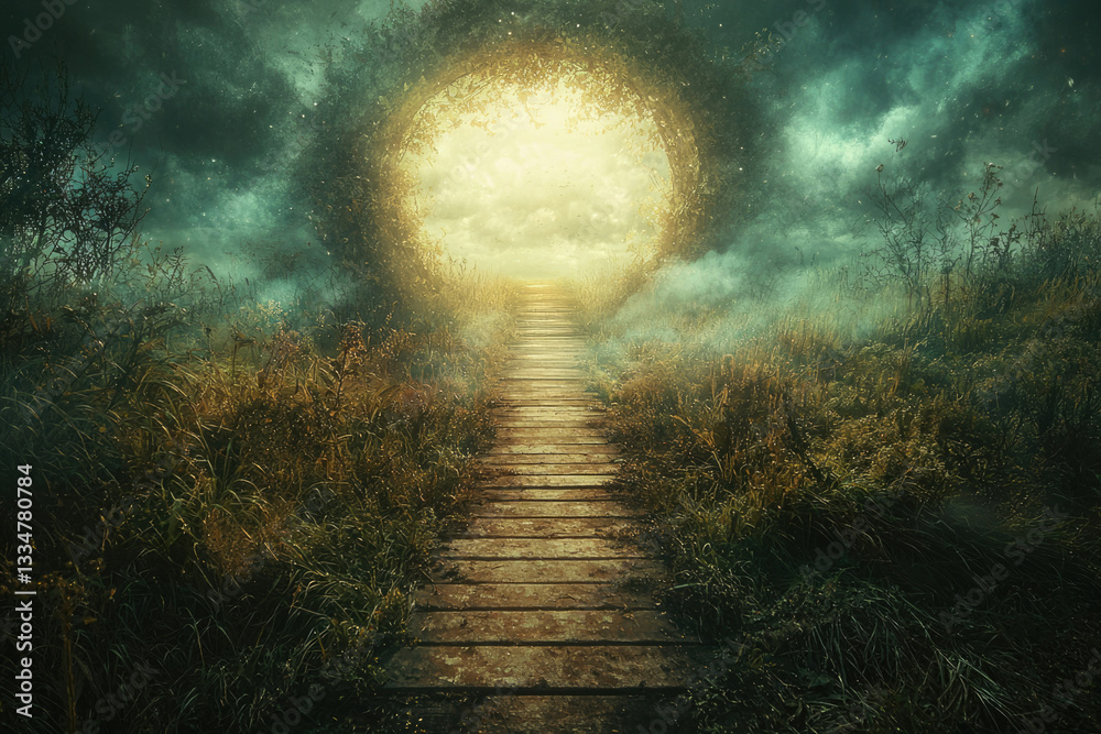 Poster a mystical wooden path leads to a luminous portal within a foggy, enchanting forest.