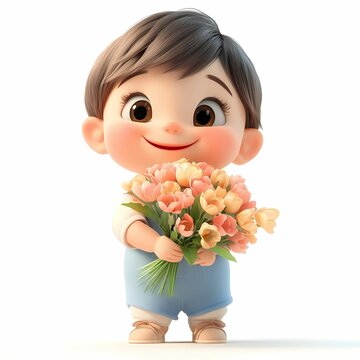 Cheerful child holding a bouquet of flowers.