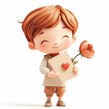 Joyful child holding a flower and a card.
