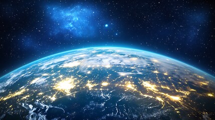 Obraz premium Earth at night with city lights and nebula.