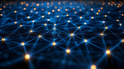 Futuristic digital network with glowing nodes and blue interconnected lines, symbolizing artificial intelligence, big data, and global communication in a cybernetic environment