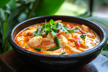 Delicious Spicy Thai Tom Yum Soup in a Traditional Bowl