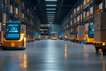 Futuristic automated warehouse with robotic systems handling logistics and inventory management, featuring smart AI-powered machines and high-tech shelving for efficient order fulfillment