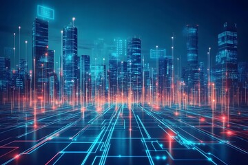 Futuristic digital cityscape with neon lit skyscrapers and advanced infrastructure