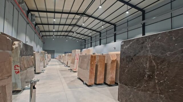 Neatly stacked marble slabs in a storage facility. Marble panels of different colors and patterns are prepared for shipment and sale.
