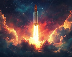 A stunning watercolor depiction of a rocket soaring into the sky