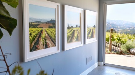 Fototapeta premium Framed vineyard landscape photographs hanging on a blue wall near a patio door offering the beautiful vineyard scene