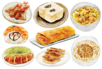 Watercolor Japanese Food Illustration Set, Hand Painted, Realistic, Traditional Cuisine, Sushi, Tamagoyaki, Natto, Tofu, Tonkatsu, Bacon, Gyoza, Ramen