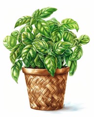 Naklejka premium Fresh basil plant growing in a brown woven pot, bright green herb used in many delicious cuisines, culinary arts
