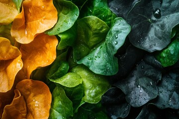Obraz premium Fresh colorful plant leaves, showcasing shades of yellow, orange, green, and dark green with water droplets, a natural background.
