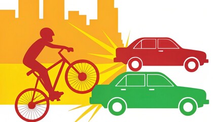 Naklejka premium accident City Break concept Bicyclist performing a stunt in a city, surrounded by cars in a vibrant urban setting.