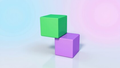 Obraz premium Geometric Play: Illustrate a composition of two stacked cubesâ€”a large green one and a smaller purple oneâ€”on a light gray surface