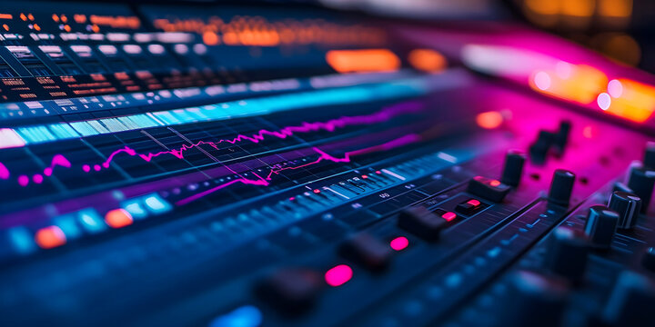 Close-up of a futuristic digital audio mixing console with glowing LED indicators, colorful sound waveforms, and control knobs in a vibrant studio environment