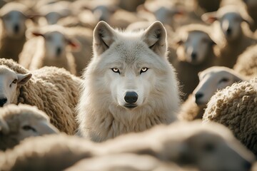 Obraz premium Majestic Arctic Wolf Confronts Flock of Sheep in Golden Sunlight
