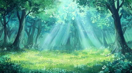 Sunbeams Illuminating a Lush Green Forest Clearing