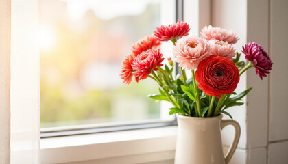 Vivid ranunculus flowers in ceramic jug on kitchen windowsill, freshness, copy space