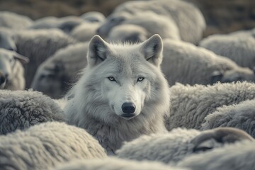 Obraz premium Majestic Arctic Wolf Among a Flock of Sheep Wildlife Photography