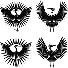 set of snowy egret  sitting poses,black and white egret illustration, egret silhouette vector