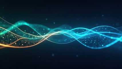 Abstract Green and Gold Light Waves flowing dynamically across a dark background, creating an abstract, modern design with a sense of motion and energy