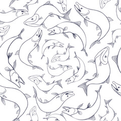Seamless pattern with trout and salmon black vector silhouettes. Hand drawn nerka fish outline on repeat texture for packaging, textiles, backgrounds, wrapping paper, and fishing designs.
