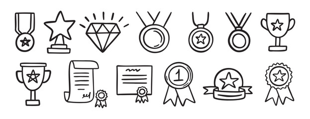 Fototapeta premium medal honor award related doodle hand drawn icon set. Outline drawing winner line clipart symbol collection
