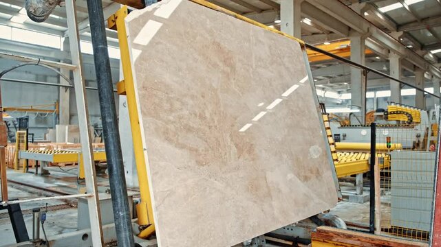 Automated movement of a marble slab in a stone processing line. A polished stone panel is transported for shipment or further processing.