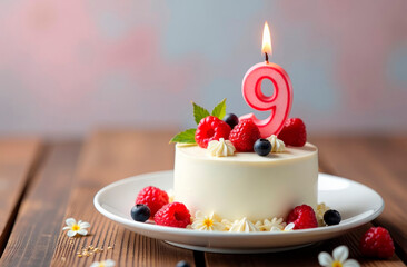 9 Year. Birthday Anniversary Sweet Cake. an anniversary greeting card or banner. Greeting Card, Banner with Burning Birthday Party Candle, Number, Flame. Design for Birthday Concept.
