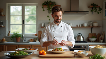 Chef demonstrating cooking techniques in a home kitchen, providing a step-by-step guide to prepare a delicious meal at home, Culinary Education, Home Chef