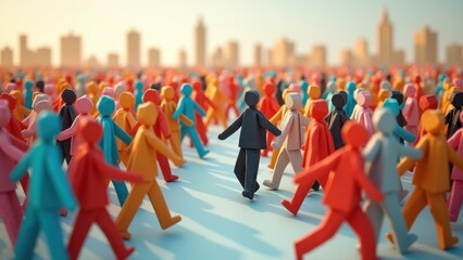 Obraz premium Large crowd of diverse people in origami form inside a town