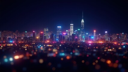 Fototapeta premium City skyline glowing at night, skyscrapers reflecting on water, concept of tourism, finance