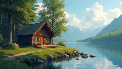 Fototapeta premium Serene lakeside cabin surrounded by nature, ideal for a peaceful summer vacation retreat away from the hustle and bustle of city life
