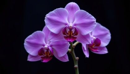 Obraz premium Elegant Orchid: Create a close up image of an orchid in soft lavender hues, illuminated from behind with a dark backdrop emphasizing its delicate petals.