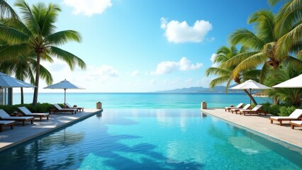 Tropical Beach Paradise, Subject Description, Azure waters and palm trees on a white sandy beach, embodying the essence of a perfect summer vacation getaway