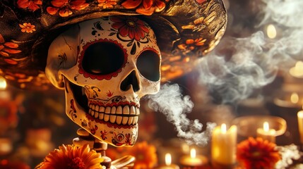 A captivating Day of the Dead scene with glowing candles, vibrant marigolds, and ornate sugar skulls, celebrating remembrance and ancestral honor.