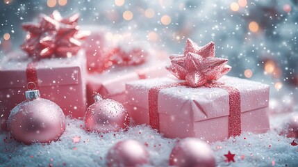 Pink Christmas Gifts in Snowy Scene
