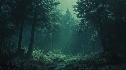 Fototapeta premium Dark, mysterious forest path shrouded in mist, with tall trees and lush undergrowth.
