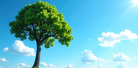 Fototapeta premium Tall tree against a clear blue sky with fluffy white clouds, sun, branches, tall