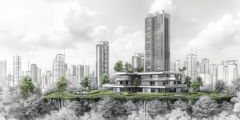 Futuristic cityscape concept with modern architectural buildings, lush green vegetation, and a blend of monochrome sketch with realistic rendering.