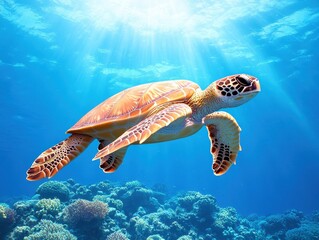 Fototapeta premium Graceful sea turtle swimming through vibrant coral reef under sunlit waters