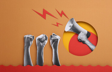 Half tones of hands raised upwards with closed fists. Feminists fighting. Illustration of a...