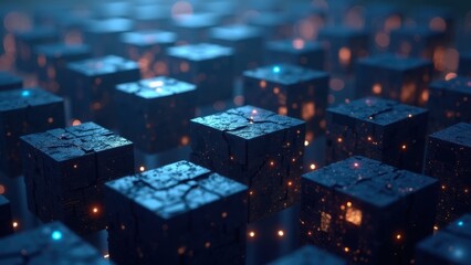 Obraz premium Glowing cubes with particles of light arranged in a grid pattern on dark surface, abstract concept of technology, data, innovation, and digital design, concept of technology, innovation
