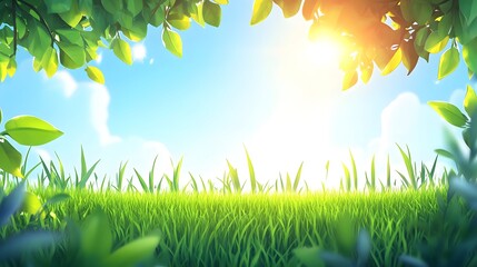Obraz premium A vibrant green field and sky with bright sunlight and leaves