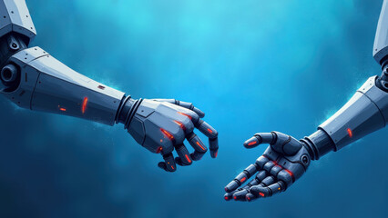 Robot hands reaching each other on a blue background, mechanical arms connecting with light, concept of technology, artificial intellegence