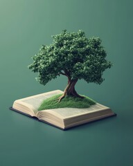 Tree Growing from Open Book Symbolizing Knowledge and Nature Harmony
